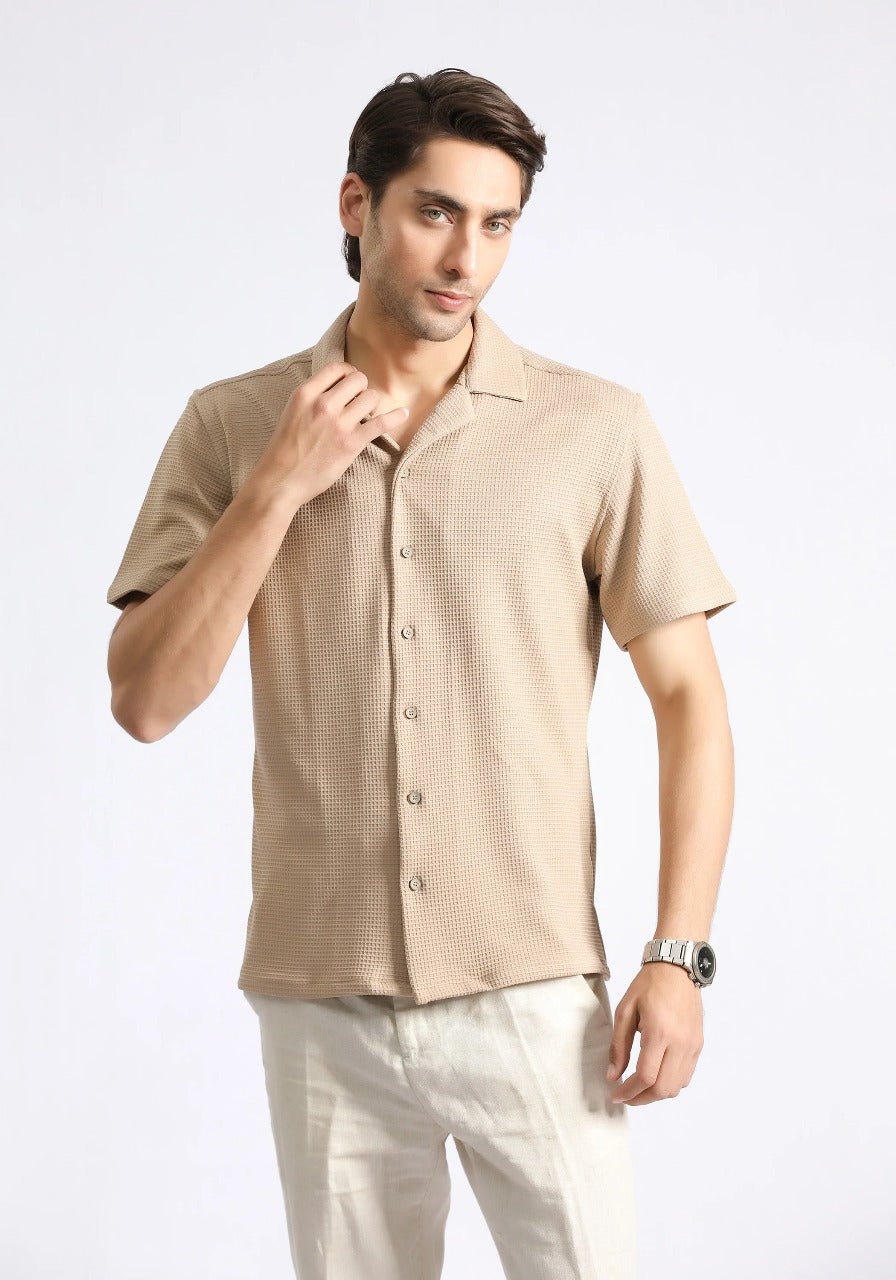 Men’s Textured Waffle Short Sleeve Shirt – Beige