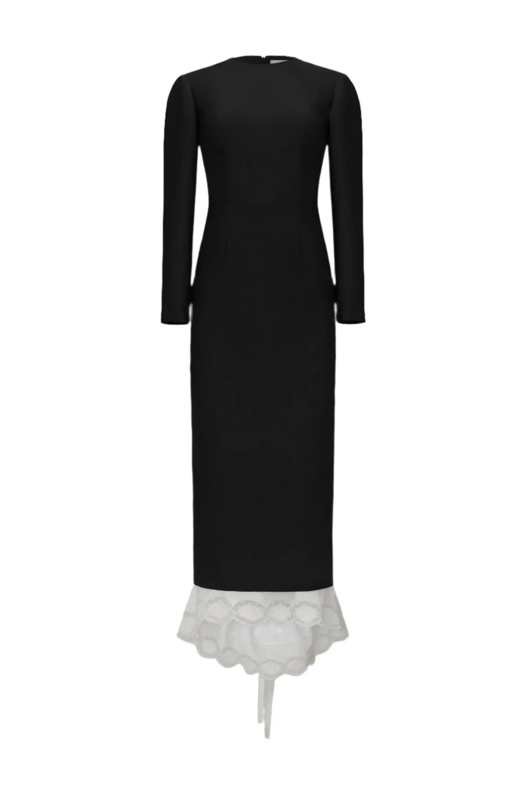Black Long-Sleeve Maxi Dress with White Lace Hem